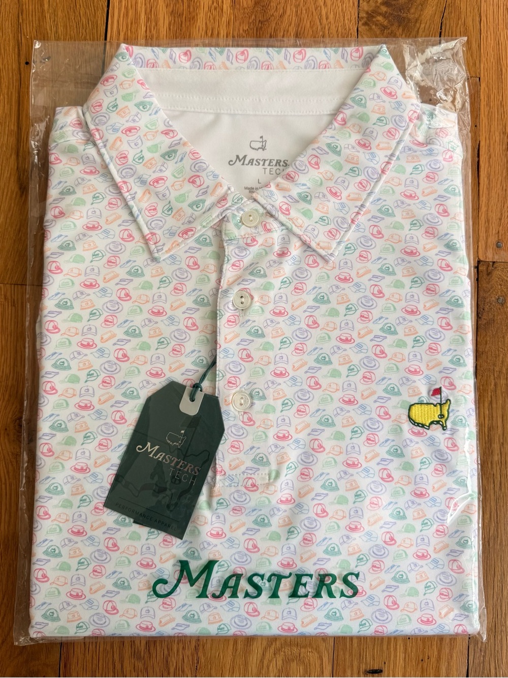 Masters Tech Men’s Polo - White with Pastel Multi-Hat Print